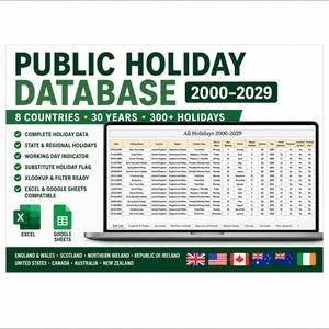 Peut inclure: Une base de données numérique des jours fériés de 2000 à 2029 couvrant 8 pays et plus de 300 jours fériés. L'image montre un écran d'ordinateur portable affichant un tableur, des icônes Excel et Google Sheets, ainsi que les drapeaux des pays.