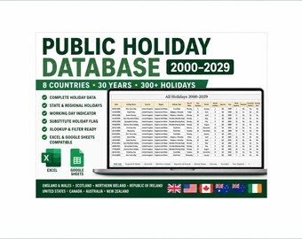 Database met officiële feestdagen 2000-2029 | Excel, Google Sheets (digitale download)