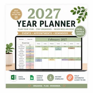Puede incluir: Una plantilla de planificador anual 2027 mostrada en una pantalla de portátil, con una lista de eventos y un calendario de febrero de 2027. El diseño incluye etiquetas de texto para compatibilidad con Excel, Google Sheets y automatización.