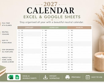 Neutrale kalendersjabloon 2027 Excel en Google Spreadsheets | Minimalistische jaarplanner | Afdrukbare jaarkalender