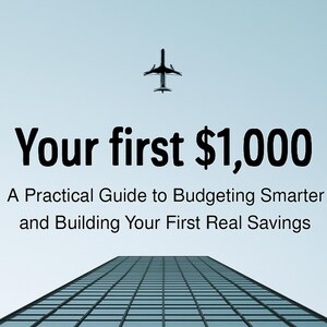 May include: Book cover with the title "Your first $1,000" and the author's name, Chase Rexroad. The book is part of "The Complete Personal Finance Collection Vol. 1." A plane graphic is above the title, and a building graphic is below.