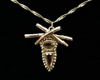 14k mixed yellow and red gold pendant with Imperial Topaz and handmade bamboo detail