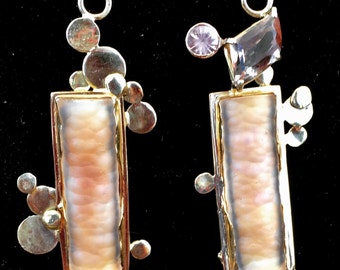 Fossilized bamboo (agatized), sunstone, imperial topaz, 18k gold asymetrical earrings