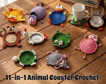 11-in-1 Animal Crochet Coaster Pattern Bundle | Animals Cup Holder | Amigurumi Style | PDF Pattern + Tutorial