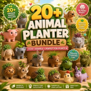 May include: A digital collection of 20+ animal-shaped planters featuring a cat, pig, dog, koala, donkey, bear, frog, turtle, hedgehog, chicken, and other creatures. Each planter holds a small succulent or plant. The text reads 20+ ANIMAL PLANTER BUNDLE.