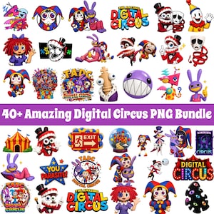 以下が含まれることがあります： The Amazing Digital Circusのキャラクターやロゴが描かれた40種類以上のカラフルなデジタルステッカーセット。アニメーションキャラクター、テキストロゴ、サーカスをテーマにしたアイコン、表情豊かなデザインが鮮やかなシート上に配置されています。