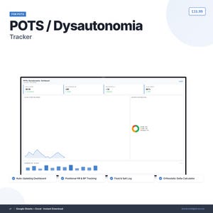 Könnte beinhalten: Ein digitaler Tracker für POTS/Dysautonomie mit einem Dashboard zur Datenanzeige. Das Bild zeigt den Text "POTS / Dysautonomia Tracker" und Funktionen wie "Auto-Updating Dashboard" und "Positional HR & BP Tracking."