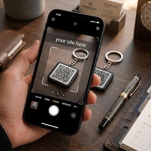 Può includere: Uno smartphone mostra un portachiavi con codice QR, con la scritta "your site here". Il telefono è tenuto in mano, con altri portachiavi, una penna e un taccuino su una superficie di legno.