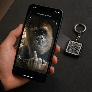 Może przedstawiać: Smartfon wyświetla obraz goryla pokazującego środkowy palec, z tekstem "Сканиране на QR код". Obok znajduje się kwadratowy brelok z kodem QR. Telefon jest trzymany w dłoni.