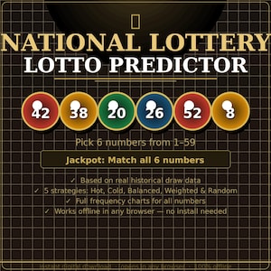 May include: A digital graphic for a National Lottery Lotto Predictor. The design features six numbered lottery balls in red, yellow, green, blue, red, and yellow. Text includes "Pick 6 numbers from 1-59" and "Jackpot: Match all 6 numbers."