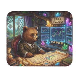 May include: A brown bear wearing a suit and glasses sits at a desk with multiple computer monitors displaying financial charts. A sign reads FOREX WIZARDRY. The desk features glowing crystals, paper documents with graphs, a keyboard, and books.