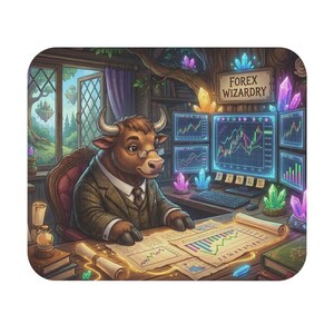May include: A rectangular mousepad featuring a brown bull wearing a suit and glasses, sitting at a desk with computer monitors displaying financial charts. The scene includes glowing crystals, a sign reading FOREX WIZARDRY, and paper documents.