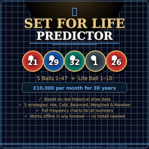 May include: Digital graphic with the text "SET FOR LIFE PREDICTOR" above five numbered balls. The balls are red, blue, green, gray, and red, with numbers 21, 29, 32, 1, and 26. Additional text includes "5 Balls 1-47 + Life Ball 1-10".