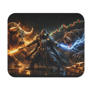Stock Market Wizard Mouse Pad | Bull vs Bear, Fantasy Trader Desk Mat