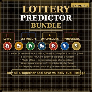 May include: A digital graphic promoting a lottery predictor bundle. The image features the text "LOTTERY PREDICTOR BUNDLE" and details for Lotto, Set for Life, Euromillions, and Thunderball. Each game has a set of numbers and a description of features.