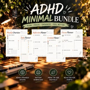 May include: A digital ADHD minimal bundle planner set featuring a Weekly Overview, Task Planner, Reflection Planner, Gratitude Planner, and Focus Planner. The white pages contain black text, organized sections, and small leaf icons for daily planning.