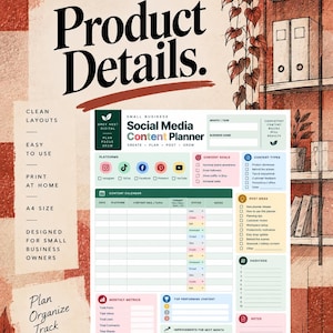 Puede incluir: Una plantilla digital de planificador de contenido para redes sociales para pequeñas empresas de Grey Nest Digital. El documento incluye secciones para objetivos, un calendario, métricas mensuales e ideas en una hoja A4 blanca.