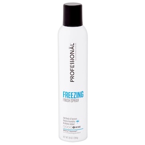 May include: A white hairspray bottle with a black cap. The label reads "PROFESSIONAL" and "FREEZING FINISH SPRAY". The bottle contains 10 oz of product and is designed to add body and texture to hair.