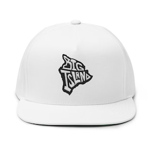May include: White flat-brimmed cap featuring a black and white embroidered design of the Big Island of Hawaii. The cap has a structured fit and a green underbill. The text "BIG ISLAND" is embroidered on the front.