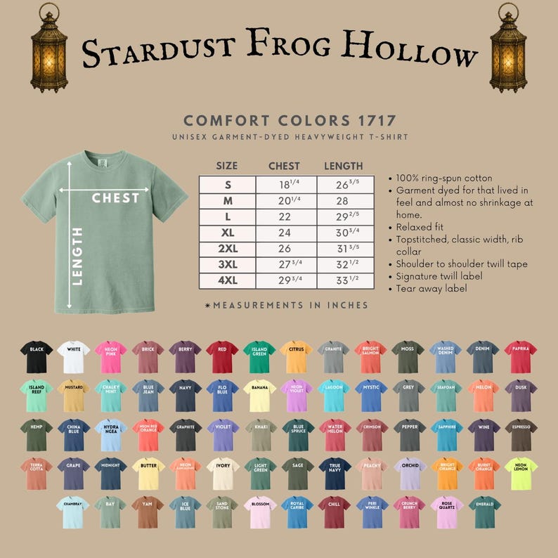 A sage green unisex garment-dyed heavyweight t-shirt with a size chart and color options. The shirt has a relaxed fit, classic width rib collar, and shoulder-to-shoulder twill tape. Measurements are in inches.