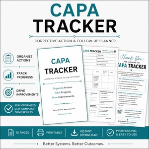 Op de afbeelding: Een witte en blauwgroene CAPA Tracker correctieve actie- en follow-upplanner. De planner bevat secties om acties te organiseren, de voortgang te volgen en verbeteringen door te voeren. De tekst "Better Systems. Better Outcomes" is ook zichtbaar.
