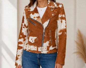 Damesjas van rundleer met franjes en vacht, western cowgirl-stijl bovenkleding