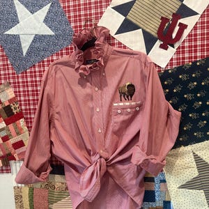 May include: A long-sleeved button-down shirt in a muted red tone featuring a ruffled collar, a front chest pocket with a white trim, and an embroidered brown bison graphic. The shirt has white buttons and is displayed on a hanger.