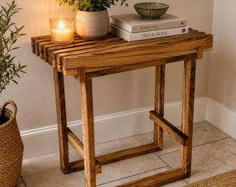 Tavolino laterale artigianale in legno massello di quercia, tavolino moderno per ingresso, tavolino rustico per piante, tavolino decorativo