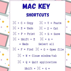 Könnte beinhalten: Eine weiße Informationstafel mit der Überschrift MAC KEY SHORTCUTS und blauem Text, der Tastaturbefehle auflistet, darunter Command + C für Kopieren, Command + V für Einfügen, Command + Z für Rückgängig, Command + X für Ausschneiden und Command + S für Speichern.