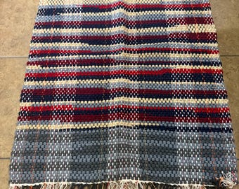 Vintage All Wool Loom Woven Rug 48x34 Inches – Multicolored Handmade Home Decor
