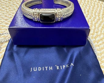 Judith Ripka Sterling Silver Hinged Cuff Bangle with Natural Onyx