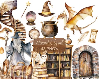 Aquarell Zauberer Clipart Bundle: Magie Schule PNG Bilder (Digitaler Download)