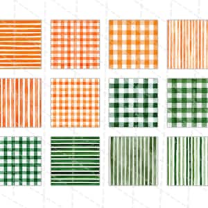 K&ouml;nnte beinhalten: Eine Sammlung von Aquarellmustern in Orange und Gr&uuml;n. Die Muster umfassen Streifen und Vichy-Karos. Die Designs sind in einem Raster angeordnet und zeigen die Vielfalt der Texturen und Farben.