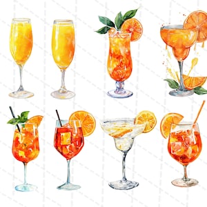 K&ouml;nnte beinhalten: Aquarell-Illustration von acht verschiedenen orangefarbenen Cocktails in verschiedenen Gl&auml;sern. Jedes Getr&auml;nk ist mit Orangenscheiben, Minzbl&auml;ttern oder Strohhalmen garniert. Die Getr&auml;nke befinden sich in hohen, stielartigen und Margaritagl&auml;sern.