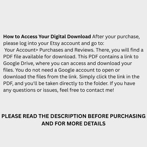 K&ouml;nnte beinhalten: Wei&szlig;er Hintergrund mit schwarzem Text, der Anweisungen zum Zugriff auf einen digitalen Download nach dem Kauf enth&auml;lt. Der Text enth&auml;lt Schritte f&uuml;r den Etsy-Konto-Zugang und das Herunterladen von Dateien von Google Drive. Der Text am unteren Rand lautet: "BITTE LESEN SIE DIE BESCHREIBUNG VOR DEM KAUF UND F&Uuml;R WEITERE DETAILS."