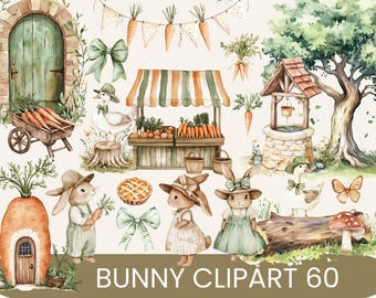 Vintage Hase Garten Abenteuer Clipart, Fantasy Garten Illustration, Sofort Download