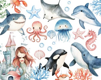Aquarell Unterwasser Clipart,Ozean Abenteuer Illustration,Süße Meerestiere,digitaler Download,PNG,kommerzielle Nutzung