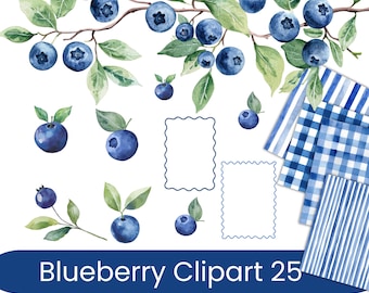 Blaubeere Aquarell Clipart, Blaubeere Hintergründe, Blaubeere Elemente und Rahmen, Sofort Download