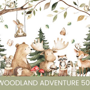 Op de afbeelding: Waterverfillustratie met bosdieren, waaronder een beer, eland, hert en konijn. De scène bevat bomen, paddenstoelen en vlinders, met de tekst "WOODLAND ADVENTURE 50" onderaan. Het kleurenpalet is zacht en natuurlijk.
