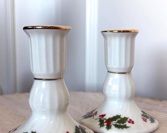 Porcelain Christmas Holly and Berry Candle Holders Set of 2