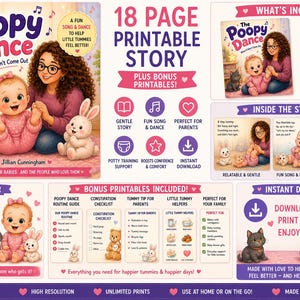 Peut inclure: Téléchargement numérique du livre d'histoires "The Poopy Dance". La couverture montre un bébé et une femme avec des lunettes, avec un chat et un lapin. Comprend une histoire imprimable, un guide de routine et plus encore. Pour les bébés.