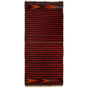 May include: A rectangular rug with horizontal stripes of red and black. The rug has decorative geometric patterns in orange, yellow, and blue at the top and bottom edges. The rug is likely made of woven fabric.