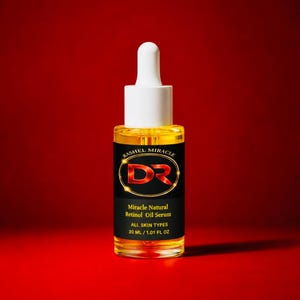May include: A clear glass dropper bottle containing golden yellow liquid. The black label features the text RASHEL MIRACLE, a large red DR logo, Miracle Natural Retinol Oil Serum, ALL SKIN TYPES, and the volume 30 ML / 1.01 FL OZ.