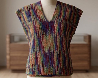 Handmade Crochet Vest | Variegated Earth Tone Sleeveless Top | V-Neck Sweater | Size S/M