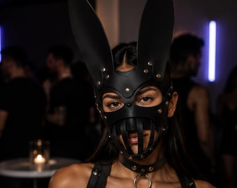 Black Faux Leather Rabbit Mask, Long Ears, Gothic Cosplay Costume Accessory