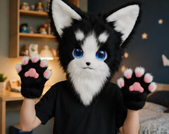 Faux Fur Fox Animal Mask and Paw Gloves Set, Kawaii Cosplay Costume Accessories