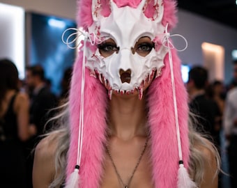 Wolf Skull Mask Hood, Faux Fur Animal Cosplay Headpiece, Gothic Festival Accessory