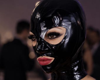 Black Latex Hood Mask, Glossy Full Face Cosplay Mask, Fetish Costume Hood for Parties and Alternative Fashion, Costume Accessories for Her