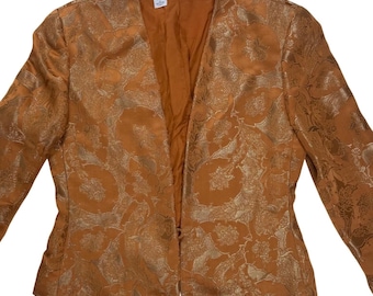 Vintage ILTWU Gold Floral Brokat Blazer Jacke Kupfer Metallic Offene Vorderseite Sz 8