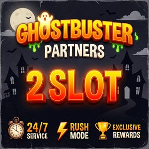 May include: A digital graphic featuring the text GHOSTBUSTER PARTNERS 2 SLOT in orange and yellow gradient lettering. The background shows a dark haunted house scene with a full moon, bats, and icons for 24/7 SERVICE, RUSH MODE, and EXCLUSIVE REWARDS.